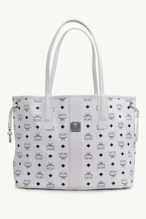MCM Medium Liz Reversible Shopper Tote Bag in White Visetos with Removable Zip Pouch