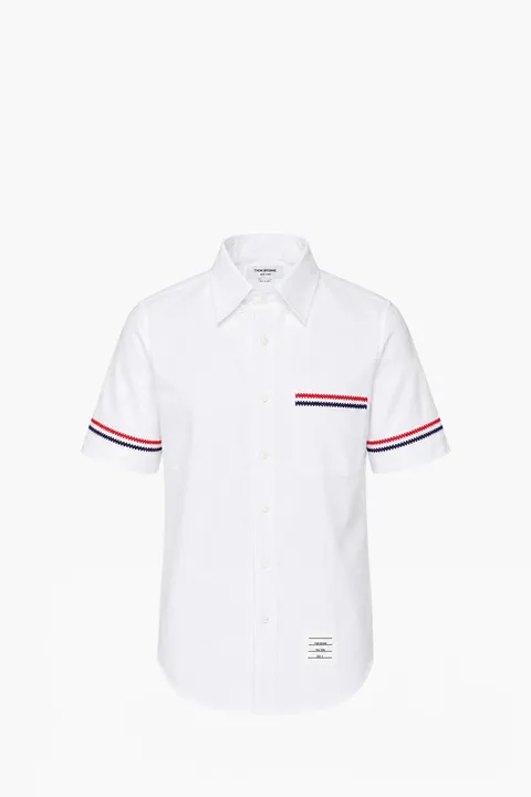 THOM BROWNE Men Embroidered Stitch RWB Short Sleeves Shirt in White Cotton