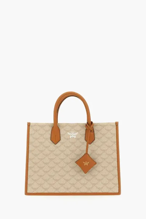 MCM Medium Himmel Tote Bag in Beige Printed Canvas with Shoulder Strap