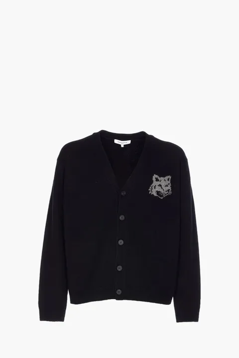 MAISON KITSUNE Men Fox Head Intarsia Merino Cardigan in Black/Medium Grey Mix