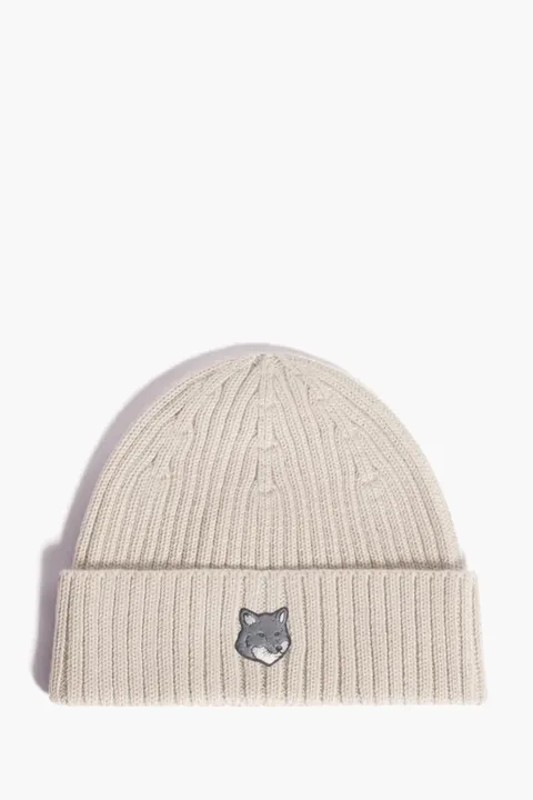 MAISON KITSUNE Fox Head Beanie in Moon Beige Wool