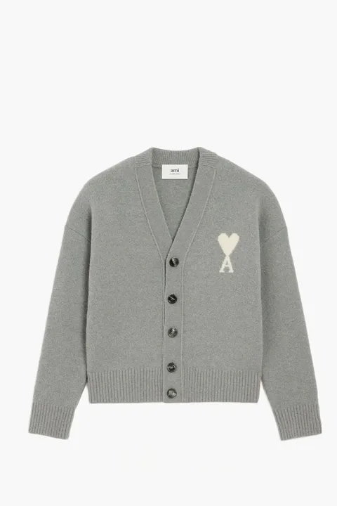 AMI Unisex Ami De Coeur Cardigan in Grey/Off White Alpaca Knit