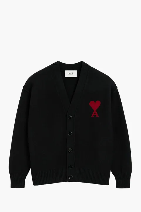 AMI De Coeur Cardigan in Black/Red Felted Merino Wool Knit