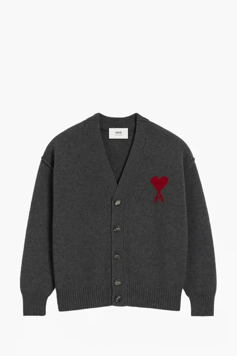 AMI De Coeur Cardigan in Grey/Red Felted Merino Wool Knit