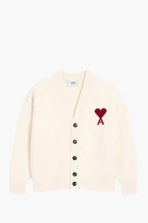 AMI De Coeur Cardigan in Off White/Red Felted Merino Wool Knit