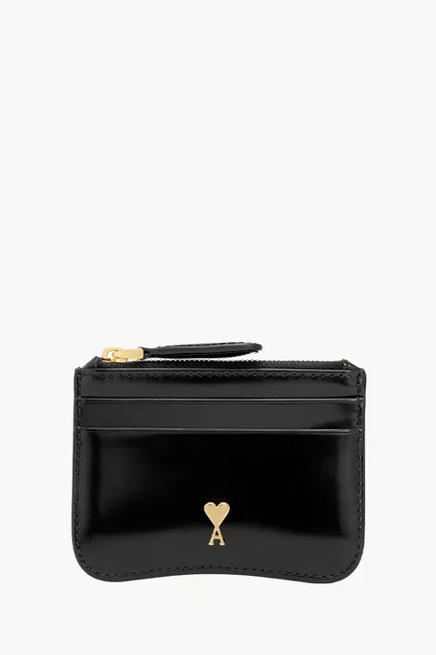 AMI Ami Paris Zip-Up Card Holder in Black Smooth Calfskin GHW